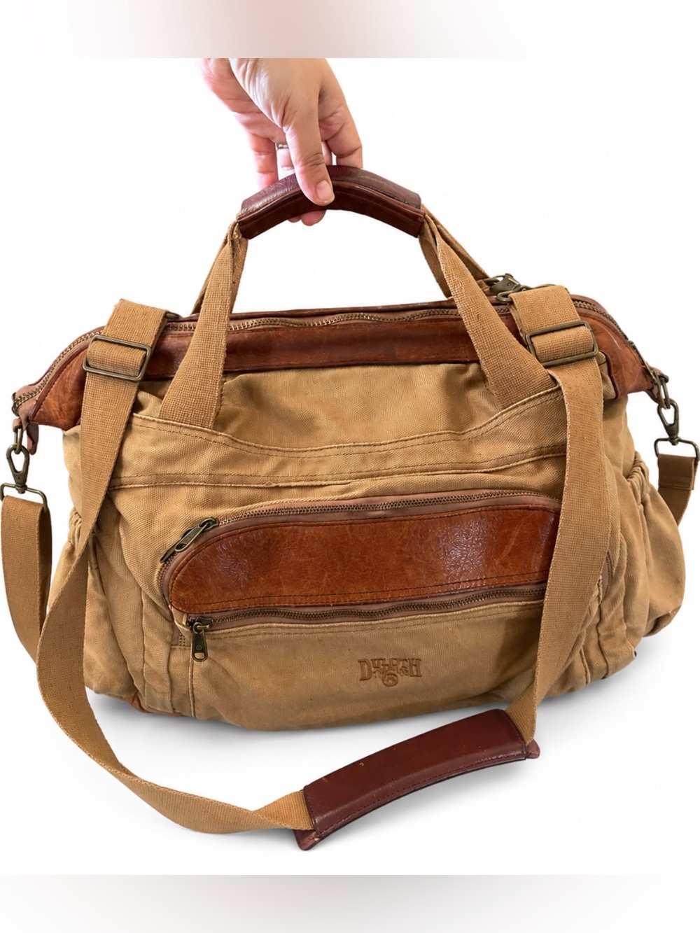 Duluth Trading Co Tan Canvas Duffel with Brown Leather Accents